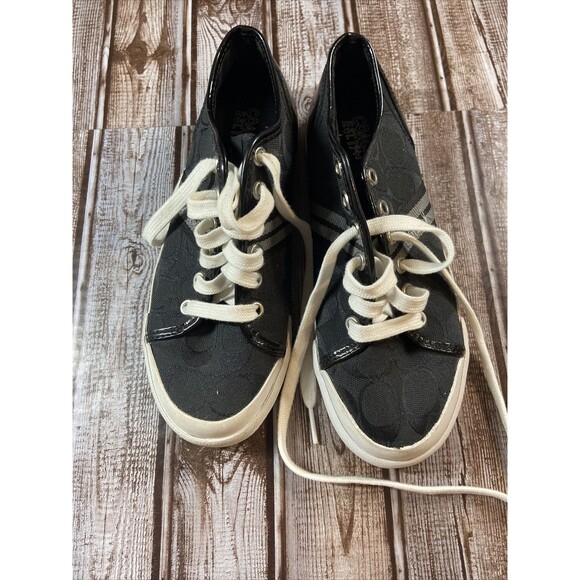 COACH Folly Sneakers Black Canvas & Patent Heel 6 B - Picture 3 of 11